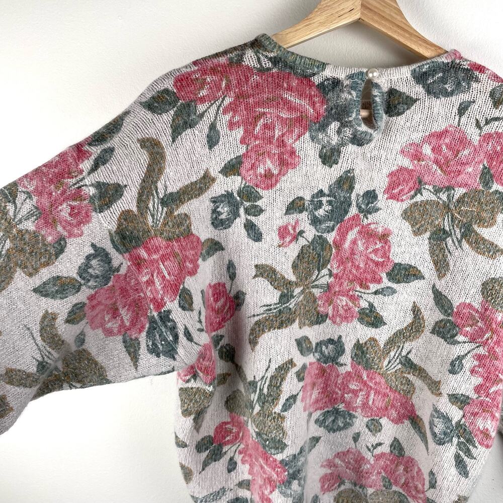 80s Vintage Sweater Womens M Floral Silk Angora Blend Fuzzy Knit Boxy Coquette - Picture 3 of 9